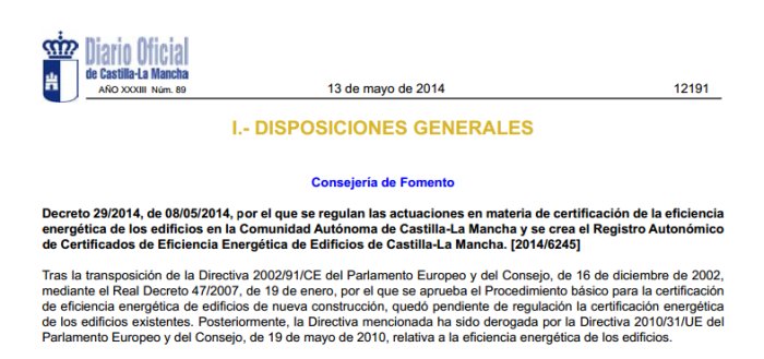 Decreto 29-2014 certificados energetico la mancha